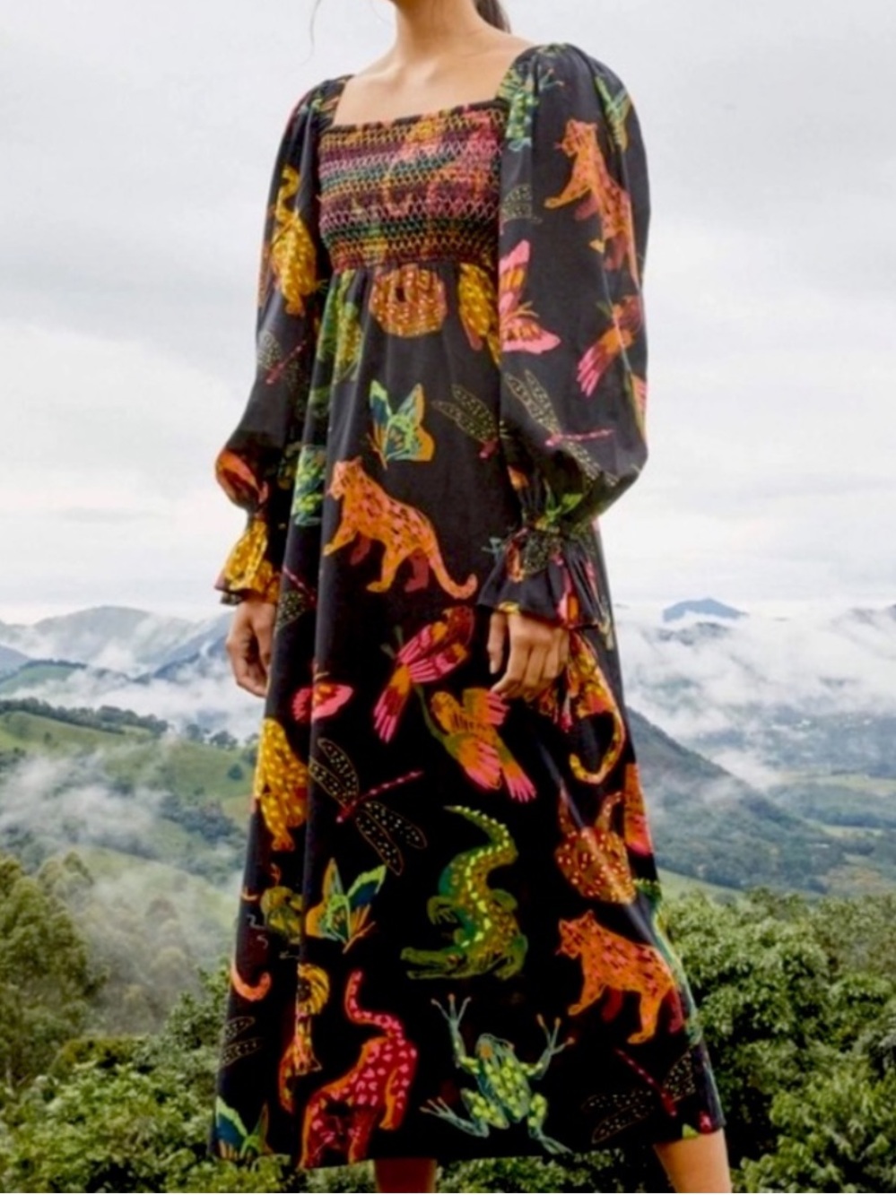 Farm Rio Animal Life Maxi Dress Size Medium Black Floral Smocked Puff Sleeve